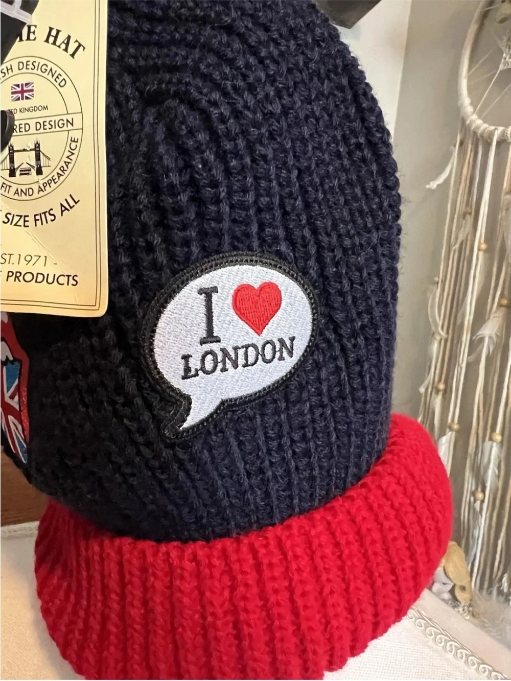 British Design I luv London, Rolling Stones Pom Pom Beanie Hat - Navy & Red